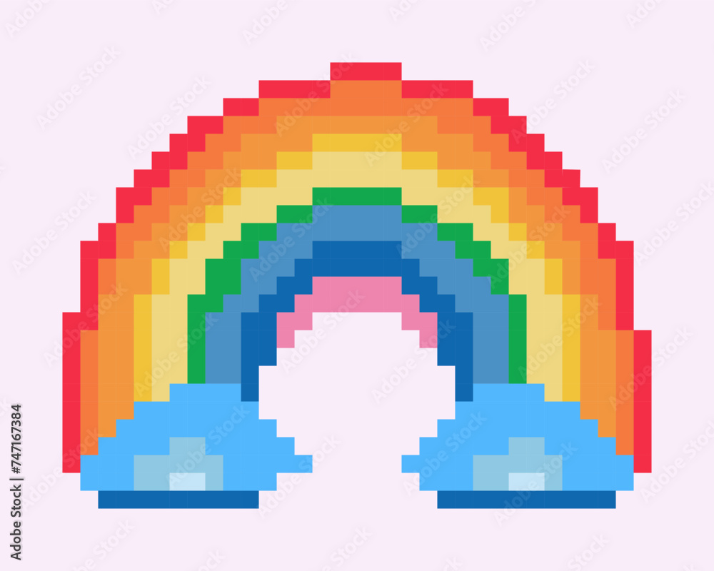 Rainbow and cloud pixel art isolated on background. Colorful cartoon vector illustration Rainbow and cloud pixel art isolated on background. Colorful cartoon vector illustration