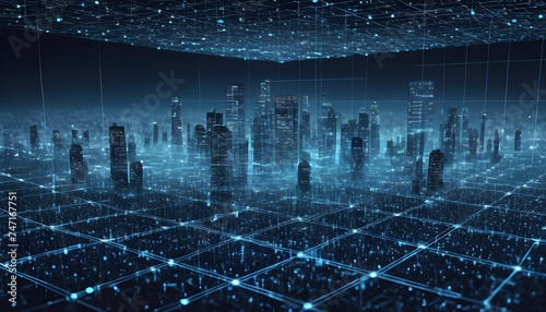 Modern cityscape with sky scraper buildings and modern interconnected technology network grid  from above 3D imaginative rendering in blue at night    photo