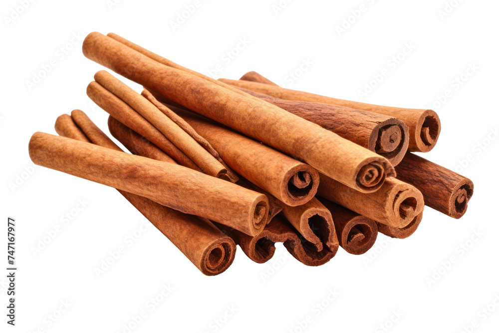 Fragrant cinnamon sticks isolated on transparent and white background.PNG image.	
