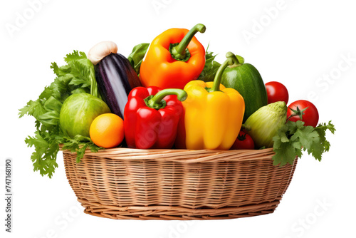 Fresh organic fruits and vegetables in basket isolated on transparent and white background.PNG image.	