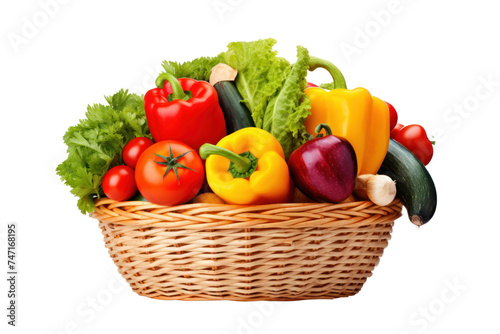 Fresh organic fruits and vegetables in basket isolated on transparent and white background.PNG image.	