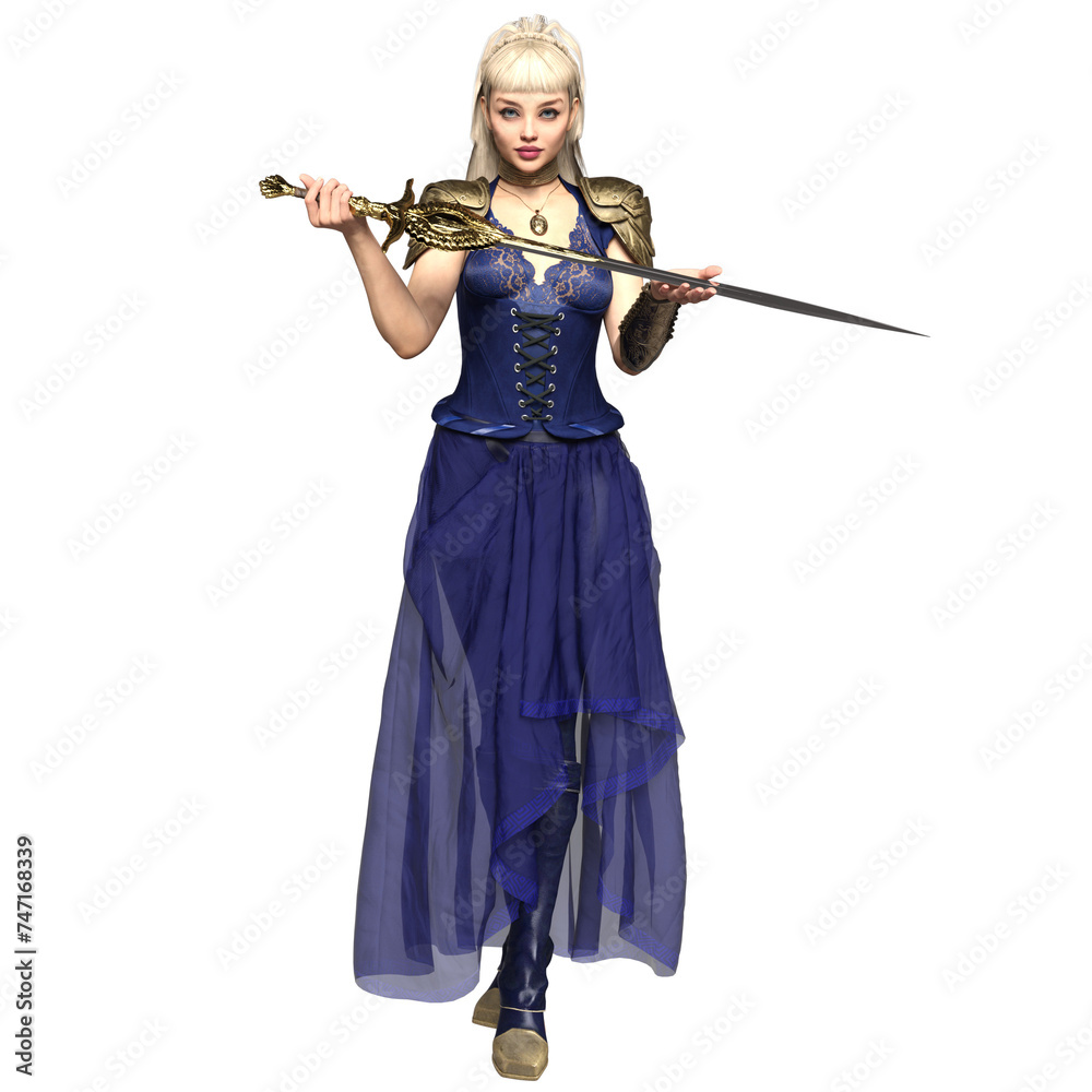 3D rendered female fantasy character with a blue dress holding a sword, isolated on a transparent background 3D rendered female fantasy character with a blue dress holding a sword, isolated on a transparent background
