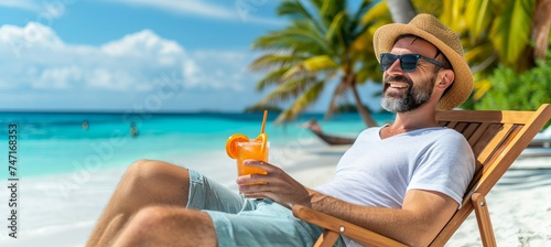 Man enjoying margarita cocktail on paradise beach on a sunny summer day with copy space