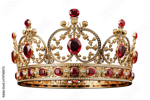 Gold crown with red jewels isolated on transparent and white background.PNG image. 