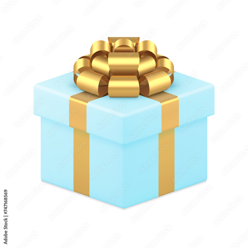 Blue wrapped elegant gift box with premium golden bow ribbon 3d icon realistic vector illustration Blue wrapped elegant gift box with premium golden bow ribbon 3d icon realistic vector illustration