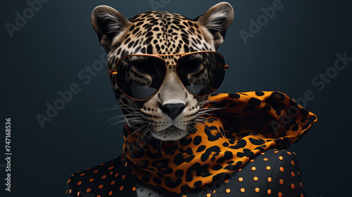 Fashionable stylish leopard wearing glasses and a jacket with a scarf around his neck on a gray background. Animal character close up fashion portrait.