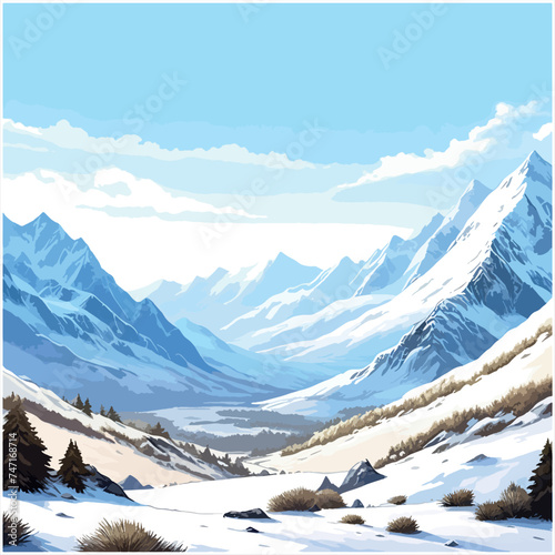 Snowy landscape on mountains during winter season. Generative AI