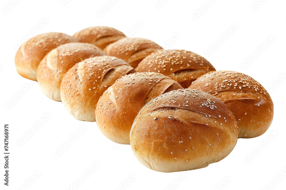 Round bread set in rows Soft bread isolated on transparent background.