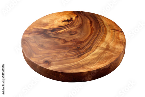 Round wooden cutting board isolated on transparent white background.