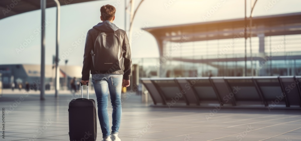 Young man with a suitcase at the airport. Travel and business concept. Travel and tourism concept with copy space. Travel concept with copy space. Travelling. 