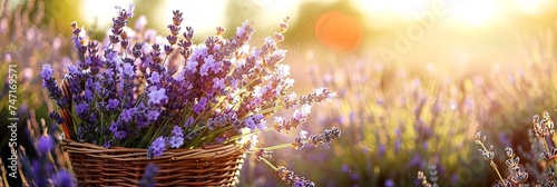 Wicker bag filled with lavender flowers in lavender fields. Banner.