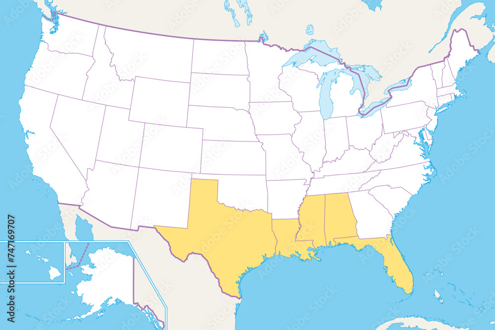 Gulf States of the United States, Gulf South or South Coast, political map. Coastline along the Southern United States at the Gulf of Mexico. Texas, Louisiana, Mississippi, Alabama and Florida. Vector