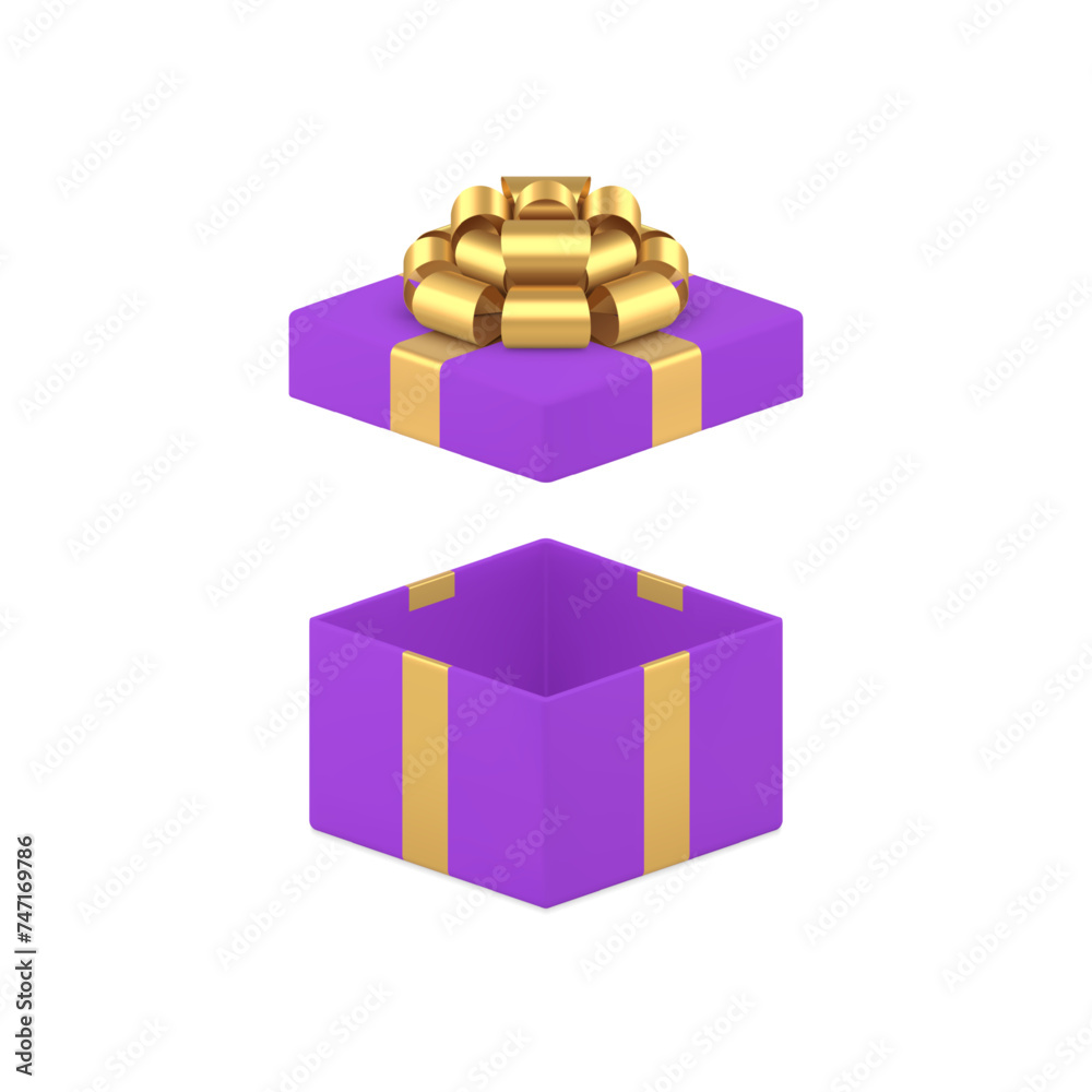 Obraz premium Luxury purple gift box with open lid and golden bow ribbon empty pack 3d icon realistic vector