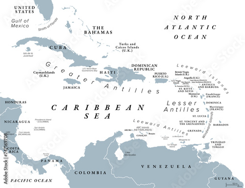 The Caribbean Sea and its islands, gray political map. The Caribbean, subregion of the Americas, with the West Indies, compromising independent island countries and dependencies in three archipelagos. photo
