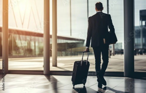 Back view of a young businessman walking with a suitcase in the airport. Travel and business concept . Travel concept. Travelling.