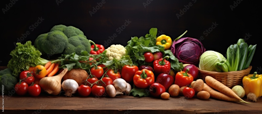 A variety of colorful and fresh vegetables are displayed on a table, showcasing the vibrant bounty of an organic market. Tomatoes, cucumbers, bell peppers, carrots, and more create a lively and A variety of colorful and fresh vegetables are displayed on a table, showcasing the vibrant bounty of an organic market. Tomatoes, cucumbers, bell peppers, carrots, and more create a lively and
