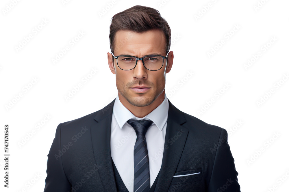 Handsome young businessman wearing glasses looking at the camera isolated on transparent and white background.PNG image. Handsome young businessman wearing glasses looking at the camera isolated on transparent and white background.PNG image.