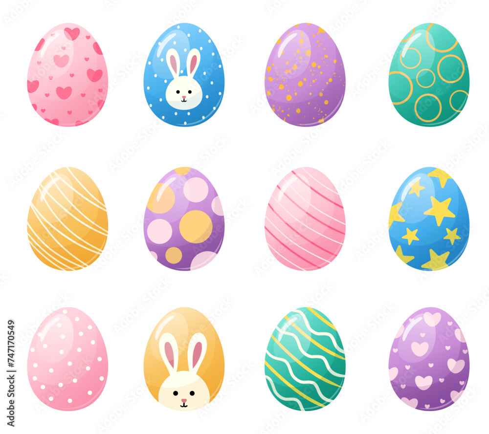 Big set of eggs for easter isolated on white background, cartoon