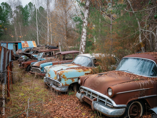 Vintage Car Junkyard in Autumn Forest