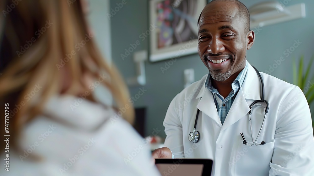 Photograph of a doctor showing some information to a patient on a digital tablet with a smile. - obrazy, fototapety, plakaty 
