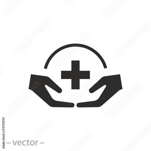 provision of first aid icon, hands holding medical cross, medical care, flat symbol on white background - vector illustration