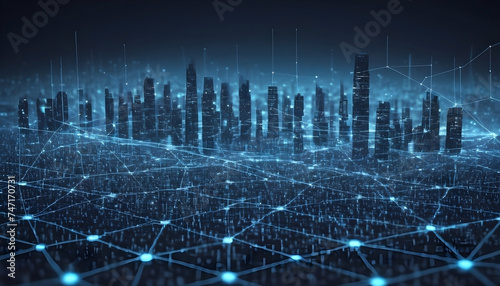 Modern cityscape with sky scraper buildings and modern interconnected technology network grid from above 3D imaginative rendering in blue at night 