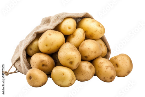 Potatoes in a burlap bag, isolated on transparent and white background.PNG image.