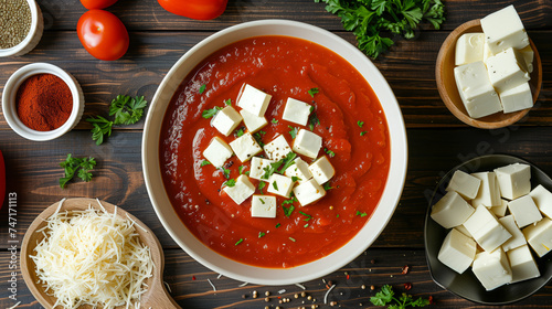 Indian sahee paneer gravy, background, white cheese, cheese pieces, tomato puree, top angle photo