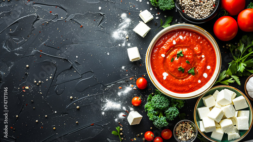 Indian sahee paneer gravy, background, white cheese, cheese pieces, tomato puree, top angle photo