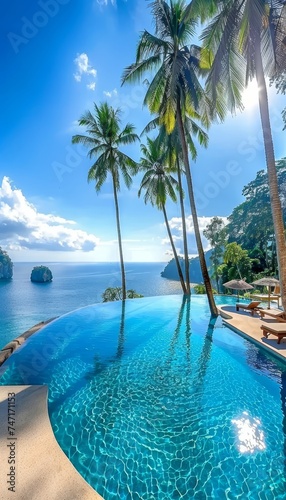 Tropical paradise  luxurious resort pool with crystal clear water and lush greenery on a sunny day