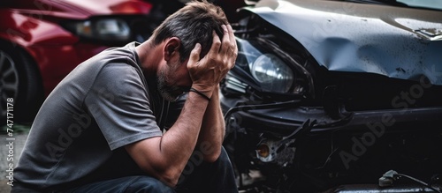A remorseful man sits in front of a wrecked car, holding his head in pain after a car crash. photo