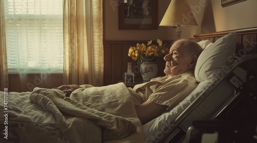 A very old man in need of care lying in his bed at home or in a hospice photo