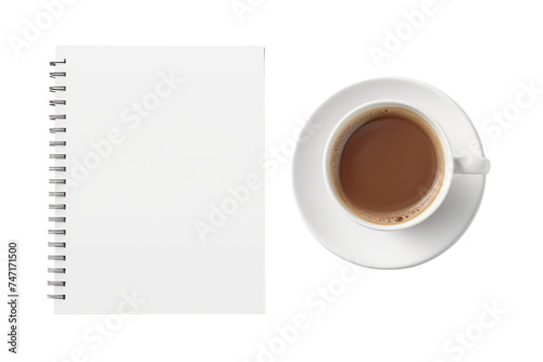 Top view Cup of coffee and notepad isolated on transparent and white background.PNG image. 
