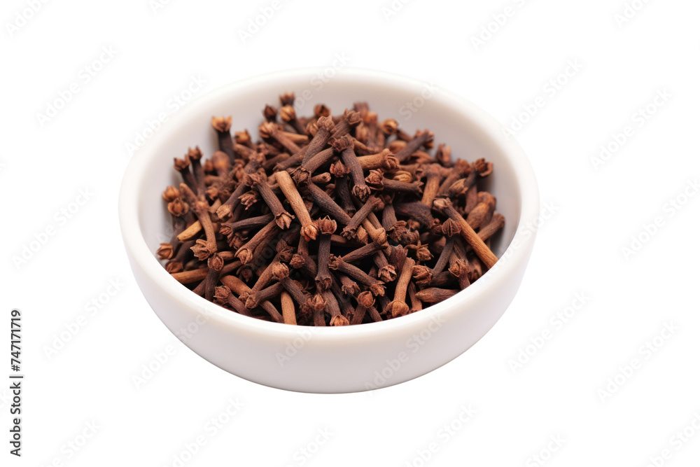 Dried Cloves in a Bowl, isolated on transparent and white background.PNG image.
