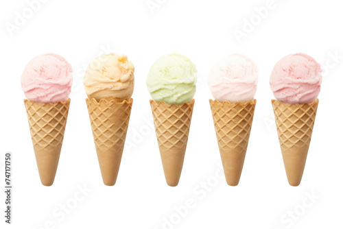 Row of ice cream scoops, isolated on transparent and white background.PNG image. 