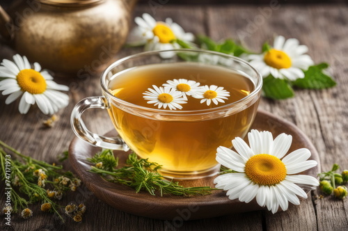 Transparent Cup of Chamomile Tea with Fresh Flowers on Wooden Surface
