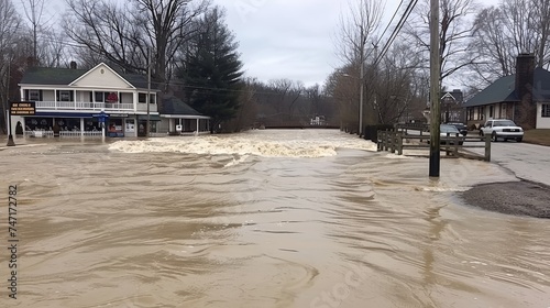 Fototapeta Naklejka Na Ścianę i Meble -  Dramatic flooding submerging streets of a quaint small town, creating an impactful scene.