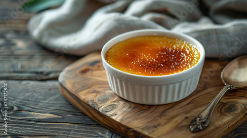 Creme brulee with caramel in a white bowl on a w