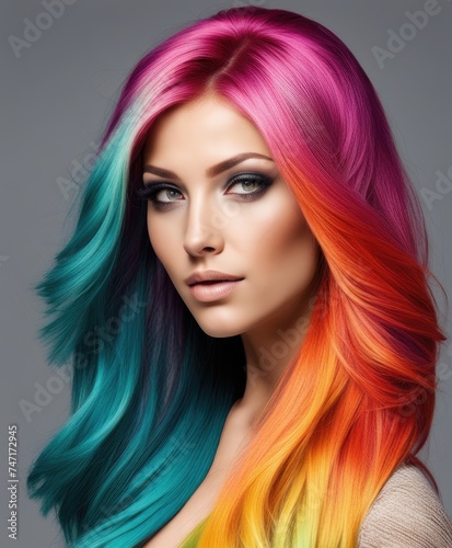 Woman with Rainbow Colored Hair Flowing on Pastel Background