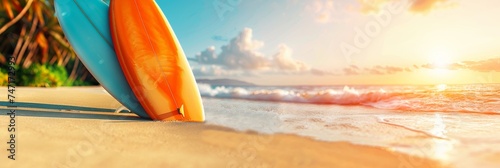 Colorful surfboards on sunny beach by ocean waves, ideal surfing spot with text space