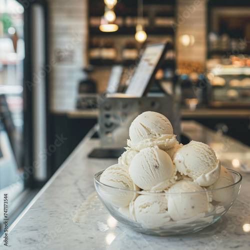 Helado blanco en el mostrador de una tienda. Estilo de fotografía de producto