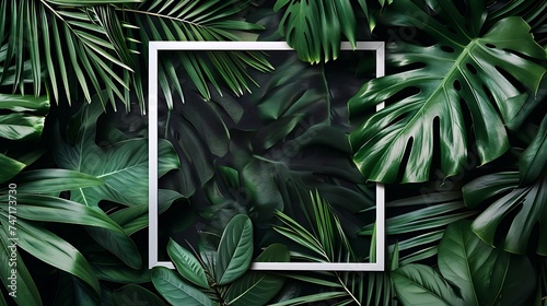 Tropical leaves foliage jungle plant bush nature backdrop with white frame on black background. Generative Ai