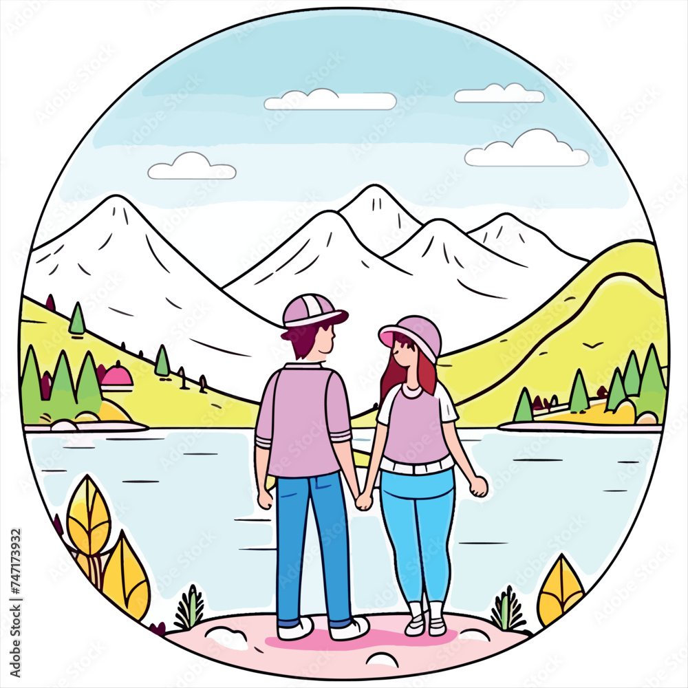 Travelers couple look at the mountain lake. Generative AI
