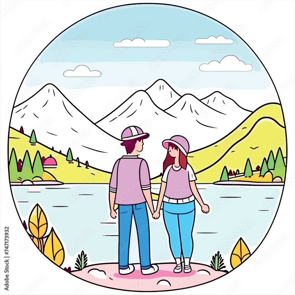 Fototapeta premium Travelers couple look at the mountain lake. Generative AI