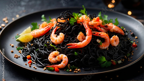 Food photography, black noodles with shrimp