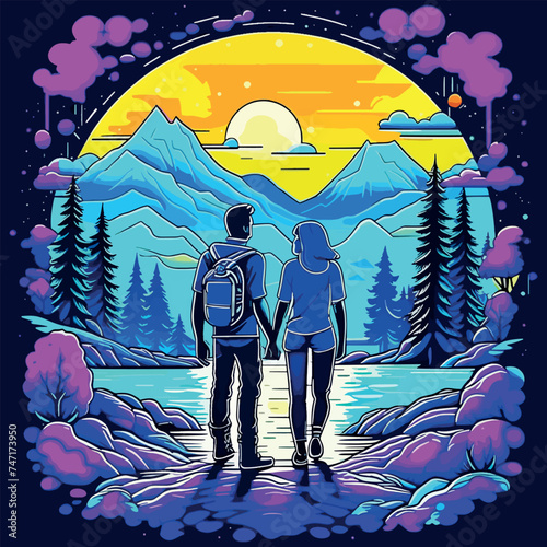 Travelers couple look at the mountain lake. Generative AI