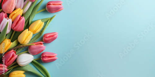 Bunch of colorful tulips on a blue background. Banner. Copy space for text