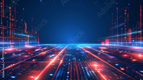 Digital data stream with binary code encryption concept in glowing red and blue pixelated interface