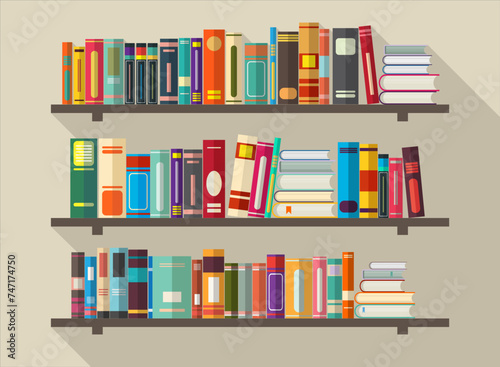 books on bookshelves in flat design style vector illustration