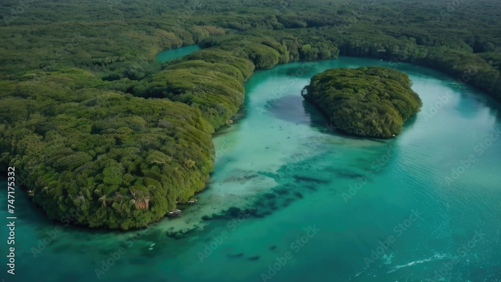 Aerial drone view of mangrove forest and sea landscape